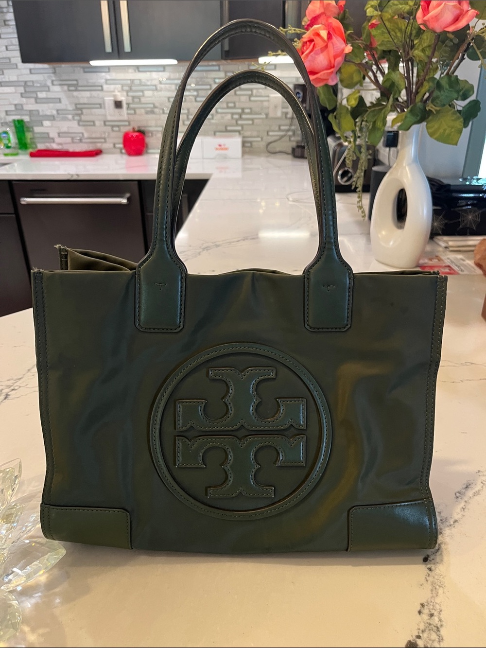 Tory Burch Nylon Dark Green Logo Tote Bag with Double Handles